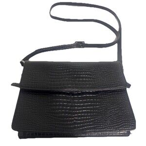 Levenger Black Croc Embossed Leather Crossbody Organizer Handbag Purse